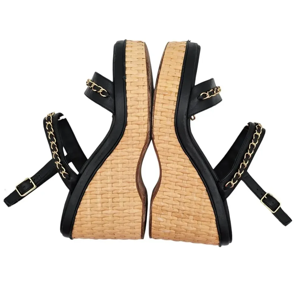 Chanel CC Chain Black Leather Platform Wedge Sandal Gold Brown Size 39 8 8.5